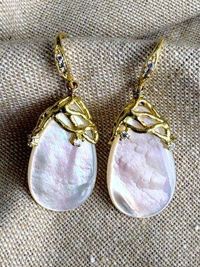 Anthropologie Mother of Pearl Teardrop Dangle Earrings, Gold Vine & Crystal Acce